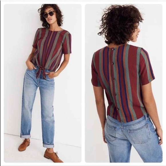 🌶🌶Madewell Button-Back Tie Tee In Rosalinda Stripe - Picture 1 of 6